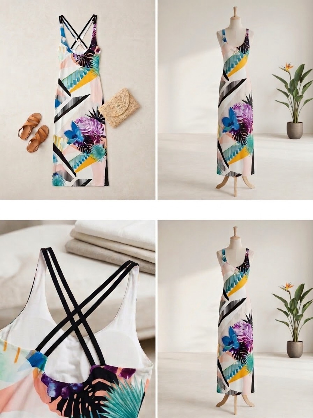 bebe Multicolor Tropical Print Maxi Dress with Black Crossback Straps